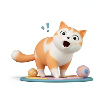 A cartoon cat with soft, rounded features and a fluffy tail. The cat has five legs, with one extra leg emerging unexpectedly from its side. The cat's wide eyes are opened in surprise, and its mouth is slightly agape, indicating confusion. The fur is a blend of orange and white stripes, and the cat is sitting on a colorful mat, surrounded by playful toys. The background is a simple gradient to keep the focus on the cat's amusing predicament.