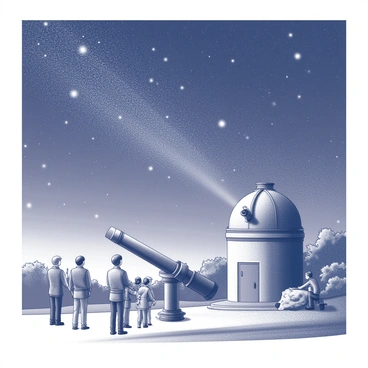 An observatory structure with a domed roof, situated in an open area under a vast starry night sky. The observatory features a large telescope positioned in front of it, pointed towards the heavens. Several people are gathered around, gazing up at the stars with expressions of wonder and curiosity. Some individuals are using binoculars, while others are discussing celestial objects and pointing towards the sky. The landscape is dotted with trees and rocks, silhouetted against the backdrop of the night sky filled with numerous shining stars.