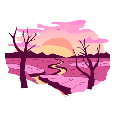 A rural landscape features wide-open fields with dried, cracked riverbeds winding through the terrain. In the foreground, several bare trees with twisted branches stand against the backdrop of a vibrant sunset. The sky is filled with hues of orange and pink, casting a warm glow over the landscape. Silhouettes of distant hills can be seen on the horizon, enhancing the serene atmosphere of the rural setting.