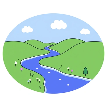 A landscape featuring rolling green hills that gently rise and fall across the scene. A winding river flows through the hills, with smooth curves and a sparkling surface. The riverbanks are dotted with patches of small trees and wildflowers. In the background, the horizon is marked by distant hills that fade softly into the sky. The sky is a bright blue with a few fluffy white clouds scattered throughout.