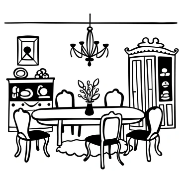 A vintage dining room featuring a large wooden dining table surrounded by intricately carved chairs. An ornate chandelier hangs from the ceiling, providing an elegant focal point. The walls are lined with framed black-and-white photographs in ornate frames. A tall, wooden sideboard displays an assortment of antique dishes and cutlery. An elegantly patterned rug covers the floor beneath the table. A vase of dried flowers sits at the center of the table, adding to the nostalgic feel of the space.