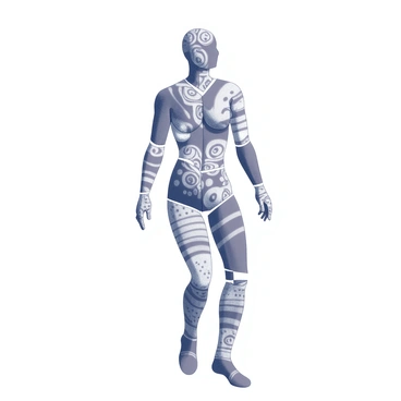 A fragmented figure composed of various geometric shapes and forms. The figure is adorned in pieces that reflect a variety of abstract patterns, including swirls, stripes, and polka dots. Each section of the figure showcases a unique design, creating a visually striking composition. The posture of the figure suggests movement, with arms and legs in dynamic positions. The background is minimal, allowing the intricate details of the patterned attire to stand out prominently.