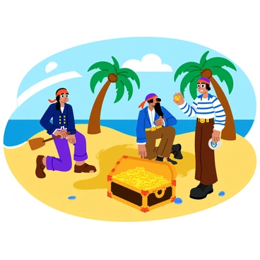A group of three pirates digging into the golden sand of a tropical island. The first pirate, wearing a tattered red bandana and an eye patch, is using a wooden shovel to scoop out sand. The second pirate, with a long black beard and a blue coat, is kneeling excitedly next to a partially buried treasure chest. The third pirate, dressed in a striped shirt and brown trousers, is looking around with a compass in hand, scanning the beach for any signs of danger. The treasure chest is adorned with rusty metal hinges and overflowing with gleaming gold coins and sparkling jewels. Green palm trees sway in the background, and the bright blue ocean can be seen in the distance under a clear sky.