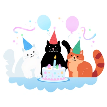 A group of three cats is gathered around a colorful birthday cake that has a single candle on top. The first cat on the left is a fluffy white Persian wearing a blue party hat. The second cat in the middle is a sleek black cat adorned with a red party hat. The third cat on the right is a playful orange tabby wearing a green party hat. The cake features colorful frosting and sprinkles, placed on a decorated tablecloth. Balloons and streamers are hanging in the background, creating a festive atmosphere.