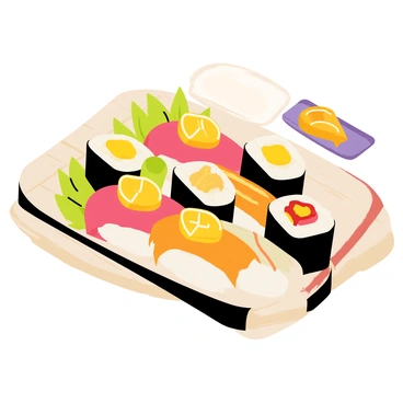 A colorful platter of sushi rolls arranged neatly. Each roll is topped with a bright slice of "yuzu," showcasing its vibrant yellow color. The platter features a variety of sushi types, including rolls wrapped in dark seaweed and some with colorful fish and vegetables. There are also small dishes of soy sauce and wasabi in the scene. The background includes a simple wooden table, enhancing the focus on the sushi.