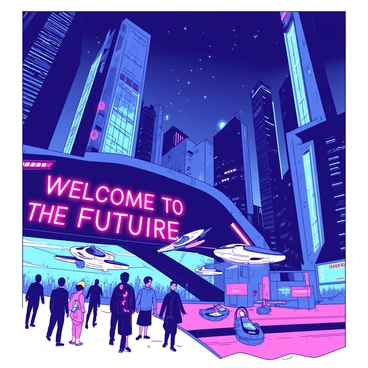 A futuristic cityscape at night filled with towering buildings that have glowing neon lights in various shapes. The skyline is dominated by a large structure with sharp angles and a unique design, illuminated by blue and pink lights. Below, the streets are bustling with people wearing high-tech clothing, some with luminous accessories and gadgets. Hovering vehicles zip through the air, leaving trails of light behind them. In the foreground, a group of individuals stands under a large neon sign that reads "WELCOME TO THE FUTURE," showcasing the vibrant and dynamic atmosphere of this cyberpunk environment.