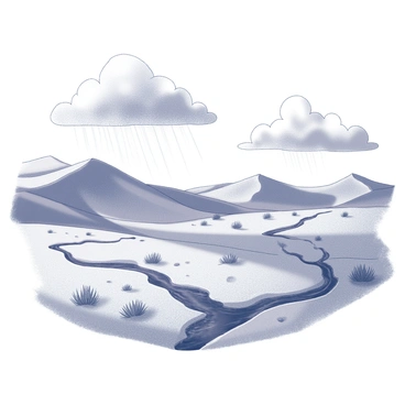 A rare desert rainstorm with water quickly flowing over the sandy landscape