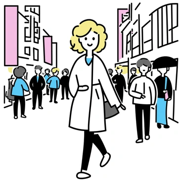 A woman resembling "Marilyn Monroe" is walking down a busy city street. She is wearing a stylish, long coat that drapes elegantly around her figure. The coat is cinched at the waist, accentuating her silhouette. Her blonde hair is styled in soft waves, framing her face. People can be seen in the background, some looking at her, while others are engaged in their own activities. The street is lined with tall buildings and bustling with pedestrians and cars. Bright signage illuminates the scene, adding vibrancy to the city atmosphere.