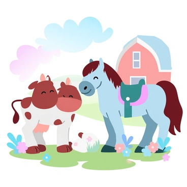 A two-headed calf is standing in a vibrant farmyard. The calf has brown and white spots on its body, and each head is looking in different directions. Next to the calf is a friendly horse with a shiny coat, standing calmly. The horse is wearing a colorful saddle and has a flowing mane. Surrounding them are various farm elements such as a red barn in the background, green grass underfoot, and a few bright flowers scattered around. A clear blue sky stretches overhead.