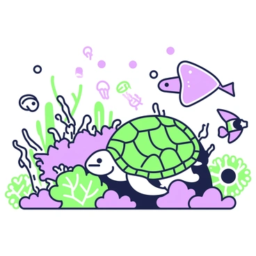 An underwater scene showcases a vibrant world filled with diverse marine life. In the foreground, a large, green sea turtle glides gracefully through the water. Nearby, a school of small, shimmering fish swirls around a coral reef, which is richly detailed with various shapes and textures. To the right, a colorful clownfish peeks out from an anemone. In the background, a majestic manta ray glides past, accompanied by a few jellyfish floating lightly in the water. Above the reef, bubbles rise to the surface, creating a dynamic sense of movement and life throughout this aquatic expanse.