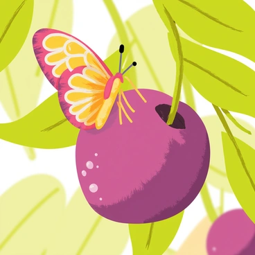 A colorful butterfly with intricate patterns resting on a shiny, ripe plum. The plum has a deep purple color and glistens with droplets of water. It is nestled among vibrant green leaves, which provide a lush background. The scene captures a warm, sunny atmosphere with soft light filtering through the leaves, highlighting the textures of the butterfly's wings and the fruit's surface.
