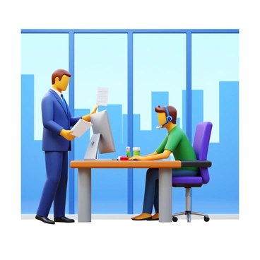 A call center manager standing next to an agent at a desk in a glass-walled office. The manager is holding a notepad, pointing at some notes while engaging in a discussion. The agent, seated in front of a computer, is attentively listening, taking notes. The office features modern furnishings, with a view of a city skyline through the glass walls. There are headsets and office supplies on the agent's desk. The atmosphere is professional and focused.