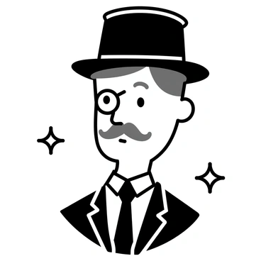 A gentleman wearing a black bowler hat and a monocle. He has a well-groomed mustache and is dressed in a formal dark suit with a light-colored shirt. His expression is confident and dignified. The background features simple geometric patterns to enhance the minimalistic style.