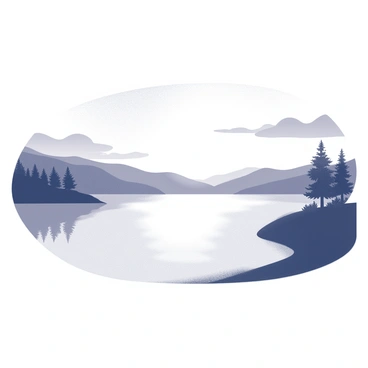 A large, serene lake surrounded by gentle hills. The surface of the water is smooth and reflects the silhouette of trees lining the shore. In the background, the sun is low on the horizon, casting elongated shadows and creating a soft, glowing light. The sky is filled with clouds that are subtly shaped, adding depth to the scene. The overall composition captures the stillness of the water and the peaceful atmosphere of the moment.