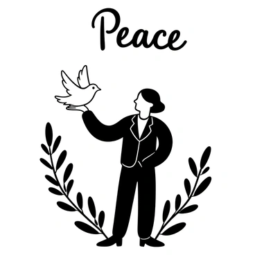 A figure of a man with an upright posture, wearing a suit, holding a white dove gently in one hand. The dove is depicted with its wings slightly spread, symbolizing peace. The background features an abstract pattern of olive branches, enhancing the theme of tranquility. The overall image is in black and white, emphasizing the contrast between the man and the dove. The words "Peace" are elegantly displayed above the scene.