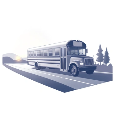 A school bus driving down a road. The bus is large with multiple windows and an open entrance at the front. It is heading towards a horizon where the sun is setting, creating a gradient in the sky. Long shadows are stretching out from the bus along the ground, emphasizing its movement. The landscape around the road includes silhouettes of trees and distant hills, adding depth to the scene.