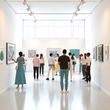 A spacious art gallery, with white walls adorned with various artworks, including paintings and sculptures. In the center, there are several local artists standing beside their pieces, engaging with groups of viewers. One artist, a woman wearing a blue dress and a colorful scarf, is explaining her abstract painting, while another artist, a man in a black t-shirt and jeans, showcases his intricate sculpture made of metal. Viewers, a diverse mix of people, are examining the artworks, some taking notes or photos, as they are inspired by the creativity around them. Natural light floods the room through large windows, enhancing the vibrant colors of the artworks.