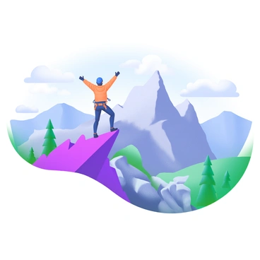 A climber standing triumphantly at the summit of a jagged mountain peak, with arms raised in celebration. The climber is wearing a bright orange jacket and is equipped with climbing gear, including a helmet and harness. In the background, the sky is a soft pastel blue with wispy white clouds. Surrounding the peak are rugged cliffs and a distant view of other mountain ranges. Below, there are patches of green forests and rocky terrain, illustrating the journey taken to achieve this challenging goal.
