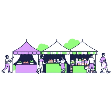 An open-air market is bustling with activity. There are several tents arranged in a row, each featuring distinct patterns and shapes. In front of the first tent, a vendor is selling a variety of fruits, neatly arranged in baskets. Next to this vendor, another stall offers handmade crafts, with colorful items on display. A third vendor is showcasing a selection of spices, their vibrant packaging catching the eye. People of different ages are walking around, some stopping to chat with the vendors and others browsing the goods. In the background, greenery can be seen, adding to the lively atmosphere of the market.