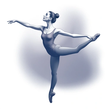 A ballet dancer in a dramatic pose, showcasing strength and grace. The dancer is poised on one leg, with the other leg lifted behind, emphasizing the arch of the back and the extension of the arms. The setting is dimly lit, with soft shadows accentuating the contours of the dancer's figure. The dancer's attire consists of a fitted leotard, and tights, highlighting the muscular definition and fluid movements. The background is blurred, creating a focus on the dancer's expression and posture, conveying intense emotion and concentration.