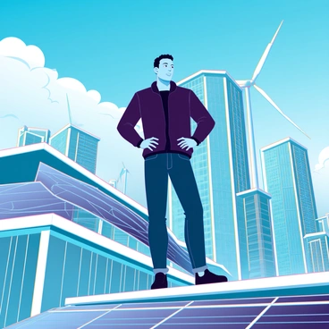 A man resembling Elon Musk stands confidently on a modern rooftop adorned with sleek solar panels. He is dressed in a smart, casual outfit, featuring a fitted black jacket and dark jeans. The cityscape below him showcases a futuristic solar-powered city, with buildings featuring green rooftops and solar arrays on their facades. Numerous wind turbines are visible in the distance, contributing to the renewable energy theme. The sky is a vibrant blue with a few white clouds, and sunlight reflects off the glass surfaces of the buildings, creating a dynamic visual.