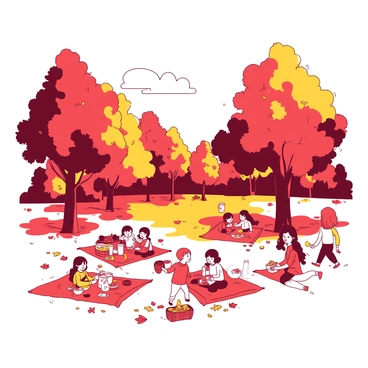 A park is filled with trees displaying vibrant autumn foliage, their leaves in the process of shedding. The ground is covered with a blanket of multicolored leaves, creating a rich tapestry of red and yellow hues. Several families are spread out on picnic blankets, enjoying their meals. Some children are playing nearby, running and laughing, while others are gathering fallen leaves. In the background, a gentle breeze sways the branches, causing more leaves to flutter to the ground.