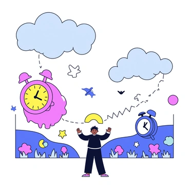 A surreal landscape featuring floating geometric shapes in various colors. The scene includes swirling clouds that blend shades of blue and purple, creating an otherworldly atmosphere. There are large, distorted clocks melting over grassy hills, symbolizing the passage of time. Wispy trails of light connect the shapes, representing the flow of thoughts. In the foreground, a silhouette of a person stands with arms outstretched, surrounded by vibrant bursts of color that resemble emotions. There are small birds flying in the distance, adding a sense of movement to the scene.