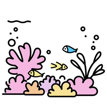 A vibrant underwater kingdom with various types of coral in shades of pink, orange, and yellow. The scene features several colorful fish, including blue tangs and clownfish, swimming among the corals. Bubbles rise through the water, creating a sense of movement. Soft light filters down from the surface, illuminating the coral formations and fish.