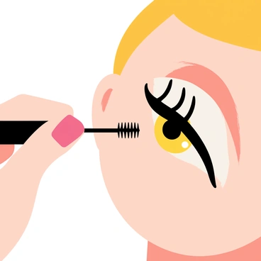 A close-up view of a hand holding a black mascara wand, poised above a pair of long eyelashes. The eyelashes are dark and glossy, with a few droplets of mascara visible on them. The background is softly blurred to emphasize the focus on the application process. The person's eye is partially open, revealing a vibrant iris and a subtle reflection of light. The skin around the eye is smooth, with a natural tone.