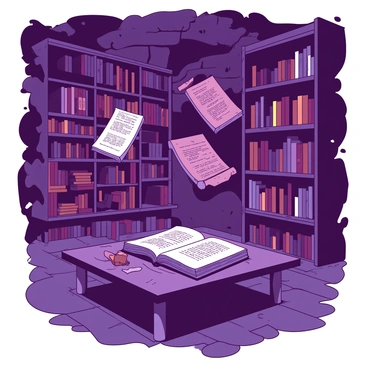 An underground library with stone walls illuminated by soft, warm light. Shelves are filled with books and scrolls that float gracefully in the air, bathed in a gentle glow. Each book emits a subtle hue, creating an enchanting scene. Some scrolls unroll slowly, revealing intricate illustrations and ancient scripts. The floor is made of dark tiles, and a wooden table with an open ancient tome sits in the center, surrounded by the mesmerizing floating texts.