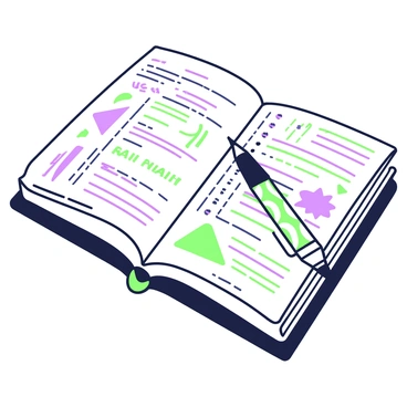 A close-up view of a notebook is displayed, showing filled pages covered in various study notes and doodles. The notes are organized with headings and bullet points written in neat handwriting. Several colorful doodles, including shapes and small illustrations, are scattered throughout the pages. A pen with a patterned design rests on top of the notebook, partially open to reveal more pages inside. The edges of the notebook have a slightly worn texture, indicating frequent use.