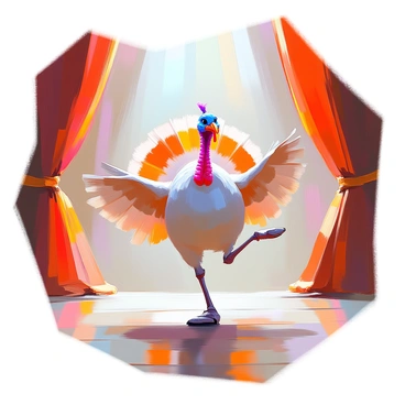 A cartoon turkey with vibrant feathers, displaying shades of red, orange, and brown, is gracefully performing ballet on a theater stage. Its wings are elegantly extended, and one leg is raised in a perfect arabesque. The turkey has a joyful expression, showcasing its personality while dancing. The stage is decorated with rich velvet curtains in deep red, and spotlight beams illuminate the turkey, highlighting its colorful plumage. The wooden floor of the stage reflects the light, adding to the dynamic presentation of the dance.