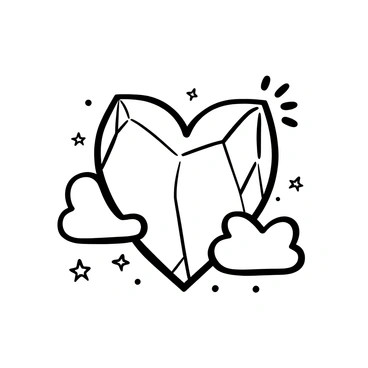 A heart shape made of transparent crystal is displayed prominently in the center of the image. The crystal has sharp, faceted edges that catch the light, creating a dazzling effect. Surrounding the heart are abstract shapes that resemble soft clouds, enhancing the ethereal quality of the scene. The background is minimalistic to emphasize the crystal heart, allowing the reflections and refractions of light to be the focal point. Small stars are scattered around, adding a sense of wonder and magic to the overall composition.