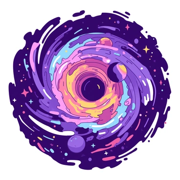 A massive cosmic vortex is prominently displayed at the center of the image, surrounded by a swirling array of stars and planets being drawn into its depths. The vortex is dynamic, with tendrils of energy radiating outward, creating a sense of movement and chaos. Some of the planets are partially engulfed by the vortex, showcasing their textures and colors. Stars twinkle in the background, contrasting with the intensity of the vortex. The scene is filled with vibrant colors that enhance the overall sense of cosmic turbulence and interaction.