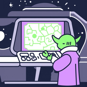 A small green alien with large ears is standing in a dimly lit spaceship. "Yoda" is focused on a glowing holographic galaxy map projected in front of him. The map displays various star systems and routes in intricate detail. He is positioned in front of a control panel filled with buttons and switches. The spaceship has rounded edges, with metallic walls that reflect the soft light from the holographic display. In the background, there are windows showing distant stars and planets twinkling in the dark void of space.