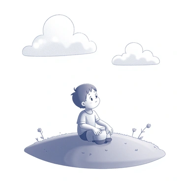 A child sitting on a grassy hill. The child has short hair and is wearing a simple t-shirt and shorts. The grassy hill is lush and gently sloping with a few scattered wildflowers. The child is looking up at the sky with a thoughtful expression, as if pondering a question. Fluffy clouds are drifting across the sky, creating a sense of tranquility. The child's posture is relaxed, with legs crossed and hands resting on the ground.