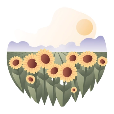 A digital flat illustration featuring a vibrant field of sunflowers. The sunflowers are varying in height, with the tallest ones reaching upwards towards a large, bright yellow sun in the blue sky. The petals of the sunflowers are a rich yellow hue, while their centers are a deep brown. The green leaves are lush, adding contrast to the yellow flowers. The field stretches out towards the horizon, giving a sense of depth, with a few smaller sunflowers placed in the foreground. The sun's rays radiate outward, illuminating the scene and highlighting the texture of the sunflower petals.