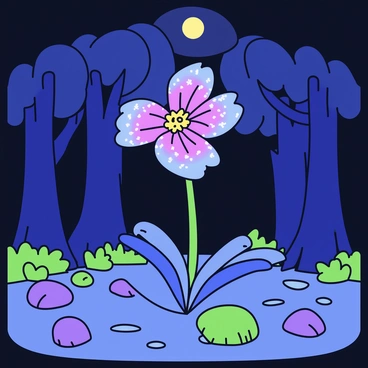 A rare flower with delicate petals that shimmer in shades of blue and purple, glowing softly under the moonlight. The flower stands tall among lush green foliage in a dark forest, surrounded by tall trees with thick trunks and a canopy that filters the moonlight. The ground is covered with soft moss and scattered small rocks, adding texture to the forest floor. The moon is visible in the sky, casting a gentle light that highlights the beauty of the flower.