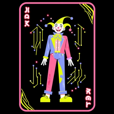 A joker card featuring a central jester figure with exaggerated facial features and a wide grin. The jester wears a colorful outfit with bright neon colors, including electric blue, vibrant pink, and glowing green accents. The background of the card is a deep black, contrasting with the vivid colors of the jester. Surrounding the jester are geometric shapes and circuit patterns in neon tones, enhancing the futuristic theme. The corners of the card display the word "JOKER" in bold, stylized lettering, glowing with a neon effect.