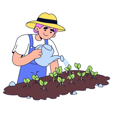 A gardener with a straw hat is gently watering small green seedlings emerging from the soil. The gardener has a focused expression as they hold a watering can with a long spout, directing the water onto the new plants. The seedlings are arranged in neat rows in a garden bed, showcasing tiny leaves that are just beginning to unfold. Surrounding the garden bed are patches of rich, dark soil and a few scattered pebbles. Sunlight is shining down, casting soft shadows and highlighting the vibrant green of the sprouts. The scene captures the essence of nurturing growth and the significance of patience in the gardening process.