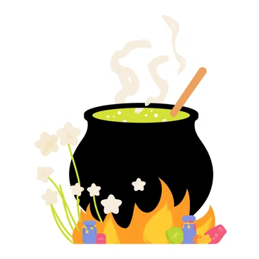 A large, black cauldron sits atop a roaring fire, with thick, swirling smoke rising from its spout. Inside the cauldron, a bubbling, green potion emits a soft glow. Surrounding the cauldron are several delicate "moonflowers" with white petals that capture the light, their long stems bending towards the cauldron as if drawn by its magic. Scattered around the base of the cauldron are small jars filled with colorful herbs and spices, and a wooden spoon rests beside it, partially submerged in the potion.