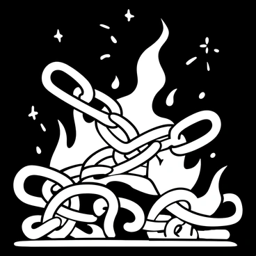 Chains intertwined and covered in flames, with sparks flying outward into the air. The flames twist and curl around the metal links, creating a dynamic sense of movement. The background consists of a darkened surface, contrasting with the brightness of the fire and the metallic sheen of the chains. The scene captures the intensity of destruction, emphasizing the chaotic nature of the flames and the powerful grip of the chains.