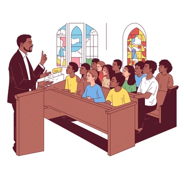 A diverse group of individuals is sitting in a wooden pew inside a church. The congregation includes people of various ethnicities, ages, and backgrounds, all attentively focused on a preacher standing at the front. The preacher, dressed in formal attire, gestures expressively while speaking passionately. Sunlight filters through stained glass windows, casting colorful patterns on the floor. Some members of the congregation nod in agreement, while others lean forward with interest, creating an atmosphere of engagement and inspiration.