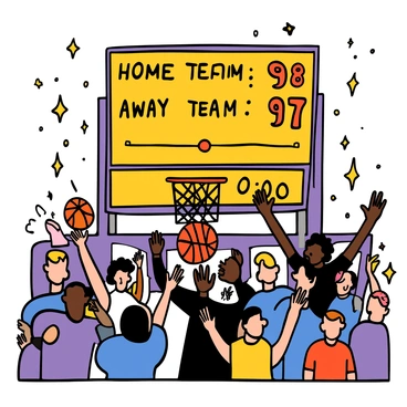 A large scoreboard illuminated brightly displays the final score of a basketball game. The score reads "Home Team: 98" and "Away Team: 97." The scoreboard shows a red light indicating the end of the game, and below it, the time reads "0:00." In the foreground, a basketball is seen just above the hoop, indicating a successful buzzer-beater shot. The surrounding atmosphere is filled with excitement, as animated fans in the stands are cheering, some with their hands raised in celebration.