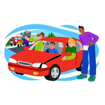 A scene featuring a car that has just been involved in a crash, with visible damage to the front. Inside the car, the driver is seated with a distressed expression, hands gripping the steering wheel. Two passengers are leaning towards the driver, one is placing a reassuring hand on the driver's shoulder while the other is speaking softly. The background shows a blurred view of a roadside, with emergency vehicles in the distance and bystanders observing with concerned expressions. The atmosphere conveys a sense of urgency and support.