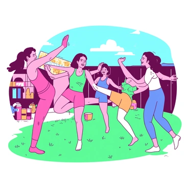A group of five friends is in a backyard, each positioned in a different part of the grass. One friend has bright pink workout clothes and is performing a donkey kick, balancing on their hands. Another friend, wearing a teal tank top, is in the middle of a kick, with their leg raised high behind them. A third friend, dressed in orange shorts, is cheerfully counting for the others while doing a modified version of the exercise. The fourth friend, in white leggings, is energetically kicking and has a determined expression. The fifth friend, clad in blue, is laughing while trying to keep up with the group. In the background, there are colorful garden decorations and a clear blue sky above.