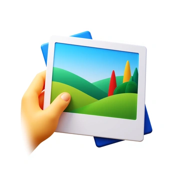 A hand holding a photograph. The photograph features a landscape scene with a blue sky and green hills. The edges of the photo begin to blend and morph into an illustration of the same landscape scene, with vibrant colors and stylized trees. The transition from the photograph to the illustration is smooth, showcasing the details of both representations. The hand seems to gently grip the photo, emphasizing the connection between reality and the artistic interpretation.