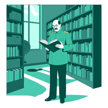 A teal figure of Stalin is standing in a large library, surrounded by towering shelves filled with countless books. The shelves are made of dark wood, and the books vary in colors and sizes, some with gold lettering. Stalin is dressed in a military uniform, holding an open book in his hands, examining its pages intently. A faint light filters through large windows, casting soft shadows on the floor, and a globe stands in the corner of the room, emphasizing the scholarly atmosphere.
