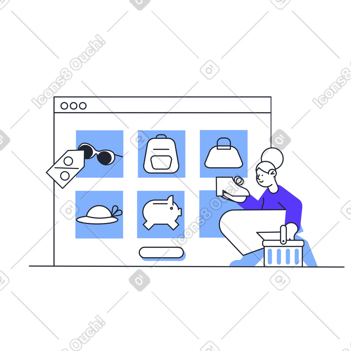 Donna che sceglie e acquista cose online durante lo shopping illustrazione in stile Pablita scarica in PNG, SVG