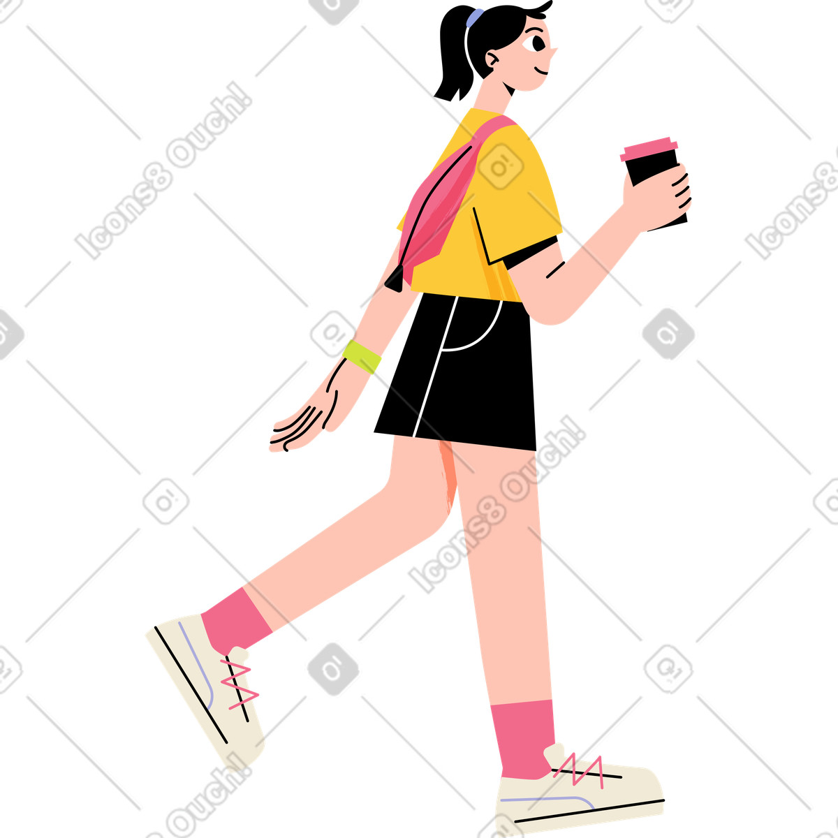 Illustration Walking woman with a cup of coffee and backpack on her back dans le style Juicy à télécharger aux formats PNG, SVG